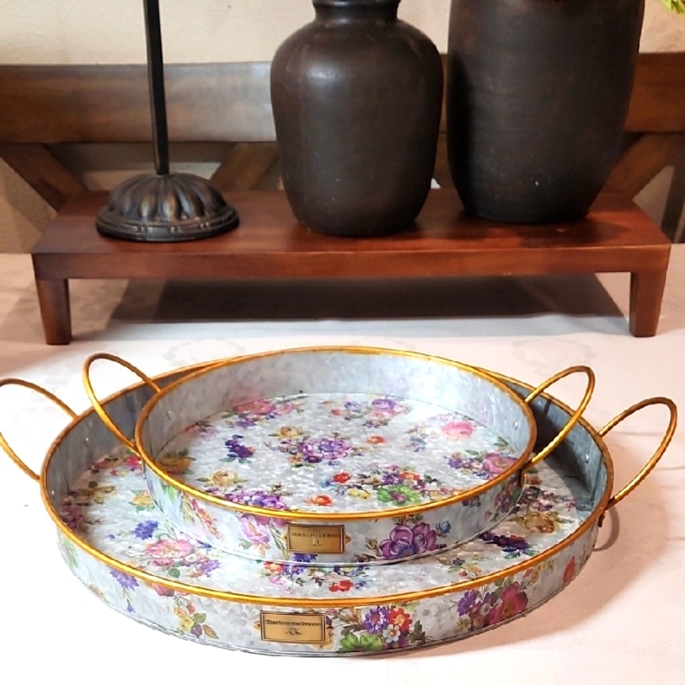 MacKenzie-Childs Floral Metal Trays with Gold Trim